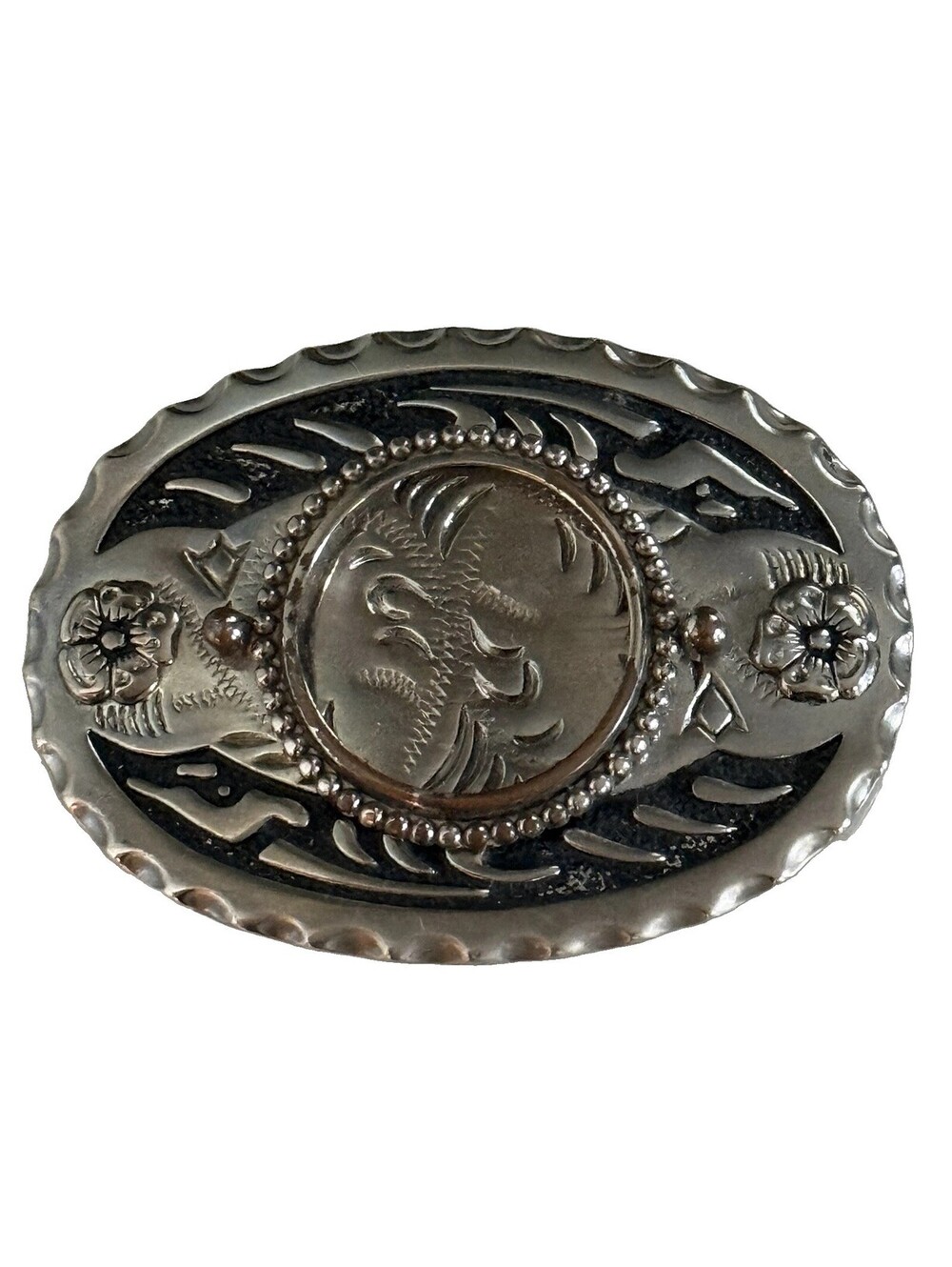 Vintage Oval Belt Buckle Silver Tone Black Enamel Botanical Scroll Design